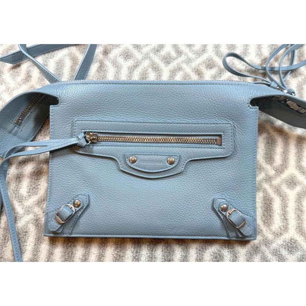 BALENCIAGA Blue Grey Pebbled Leather Neo Classic City Crossbody Clutch Bag - Picture 7 of 13